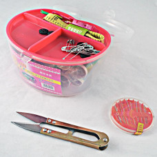 Набор швейный большой, нитки и инструменты в пластиковом органайзере, розовая ручка