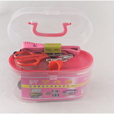 Швейний набір середній, нитки та інструменти в пластиковому органайзері, рожева ручка