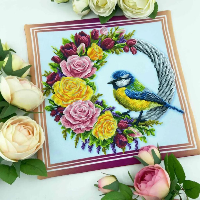 НД_248 Virena Заготовка для вишивки бісером - Наволочка декоративна Віночок з пташкою  31x31 см, габардин