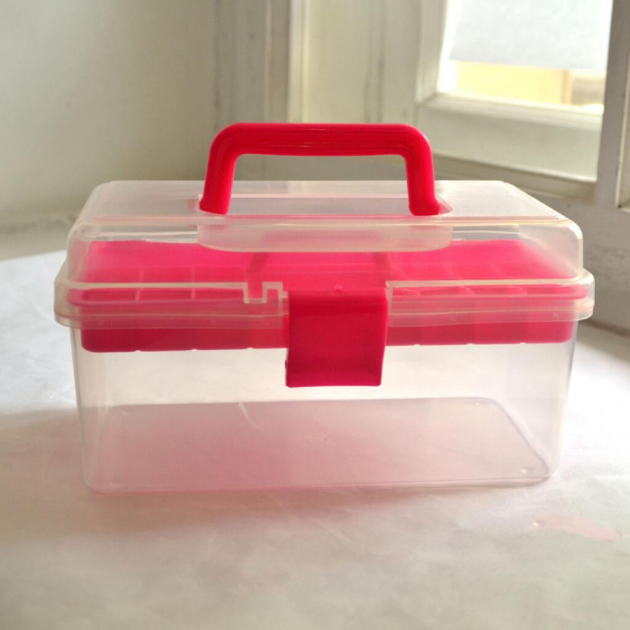 Органайзер для рукоділля Міні-валіза прозорий (рожева ручка і перегородка) 19,5х10х10 см