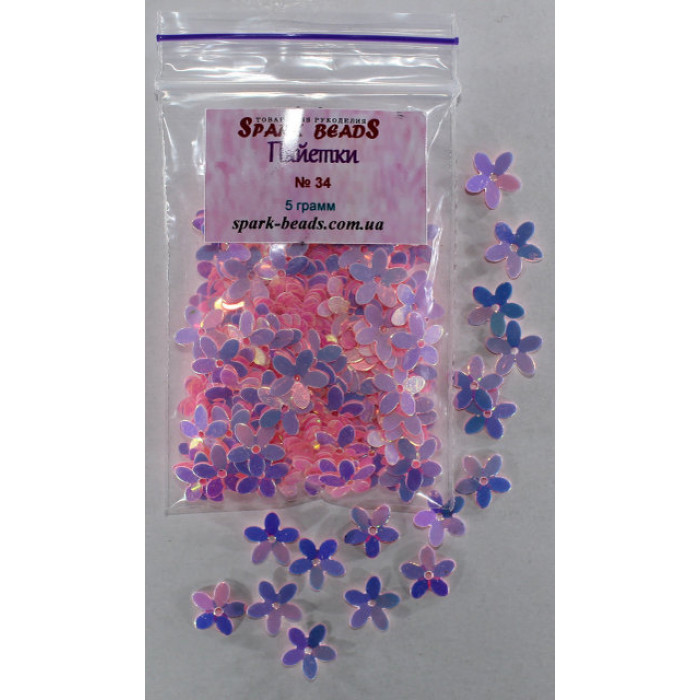 Паєтки №34 квіточки (рожеві голограма) 10*10 мм 5 грама/уп СпаркБидс (Spark Beads)