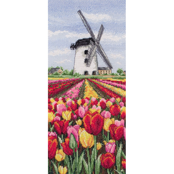 PCE0806 Anchor Набір для вишивки рахунковим хрестиком - Пейзаж з тюльпанами Dutch Tulips Landscape 32x14 см, Aida 16