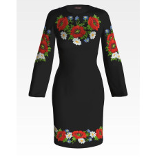 ПЛ001шЧнннн Барвиста вишиванка Заготовка для вишивки - Сукня жіноча Маки, ромашки, волошки р.42-54 шовк, чорний