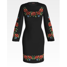 ПЛ003лЧнннн Барвиста вишиванка Заготовка для вишивки - Сукня жіноча Маки, волошки р.42-54 льон, чорний