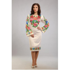 ПЛ005кМнннн Барвиста вишиванка Заготовка для вишивки - Сукня жіноча Багаті квіти. Буковинська р.42-54 атлас, бежевий