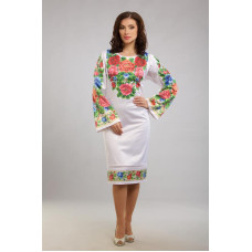 ПЛ005пБнннн Барвиста вишиванка Заготовка для вишивки - Сукня жіноча Багаті квіти. Буковинська р.42-54 габардин, білий