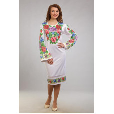 ПЛ006пБнннн Барвиста вишиванка Заготовка для вишивки - Сукня жіноча Розкішні квіти. Буковинська р.42-54 габардин, білий