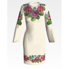 ПЛ009кМнннн Барвиста вишиванка Заготовка для вишивки - Сукня жіноча Рожеві троянди, фіалки р.42-54 атлас, бежевий