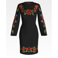 ПЛ013лЧнннн Барвиста вишиванка Заготовка для вишивки - Сукня жіноча Маки, волошки, колоски р.42-54 льон, чорний