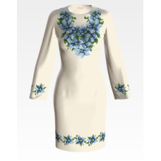 ПЛ018кМнннн Барвиста вишиванка Заготовка для вишивки - Сукня жіноча Сині квіти р.42-54 атлас, бежевий