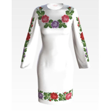 ПЛ027пБнннн Барвиста вишиванка Заготовка для вишивки - Сукня жіноча Романтичні троянди р.42-54 габардин, білий