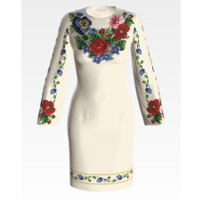 ПЛ035лМнннн Барвиста вишиванка Заготовка для вишивки - Сукня жіноча Мальви, троянди, братки р.42-54 льон, бежевий
