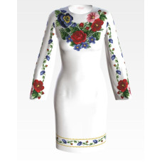 ПЛ035пБнннн Барвиста вишиванка Заготовка для вишивки - Сукня жіноча Мальви, троянди, братки р.42-54 габардин, білий