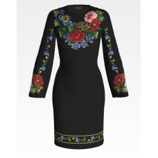 ПЛ035шЧнннн Барвиста вишиванка Заготовка для вишивки - Сукня жіноча Мальви, троянди, братки р.42-54 шовк, чорний