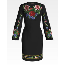 ПЛ036лЧнннн Барвиста вишиванка Заготовка для вишивки - Сукня жіноча Лілеї, троянди, незабудки р.42-54 льон, чорний