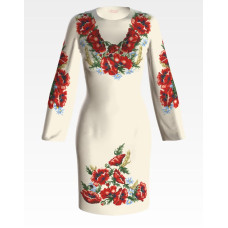 ПЛ054кМнннн Барвиста вишиванка Заготовка для вишивки - Сукня жіноча Червоні маки, ромашки, колоски р.42-54 атлас, бежевий