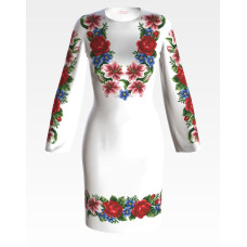 ПЛ054лБнннн Барвиста вишиванка Заготовка для вишивки - Сукня жіноча Червоні маки, ромашки, колоски р.42-54 льон, білий