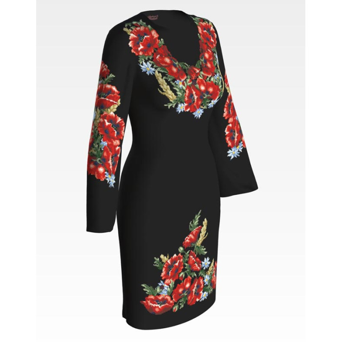 ПЛ054шЧнннн Барвиста вишиванка Заготовка для вишивки - Сукня жіноча Червоні маки, ромашки, колоски р.42-54 шовк, чорний