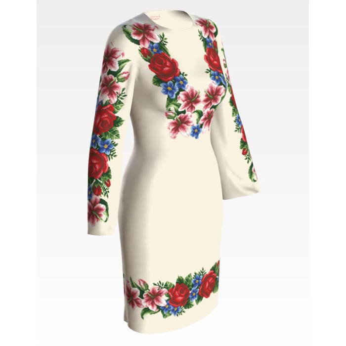 ПЛ055кМнннн Барвиста вишиванка Заготовка для вишивки - Сукня жіноча Лілеї, троянди, незабудки р.42-54 атлас, бежевий