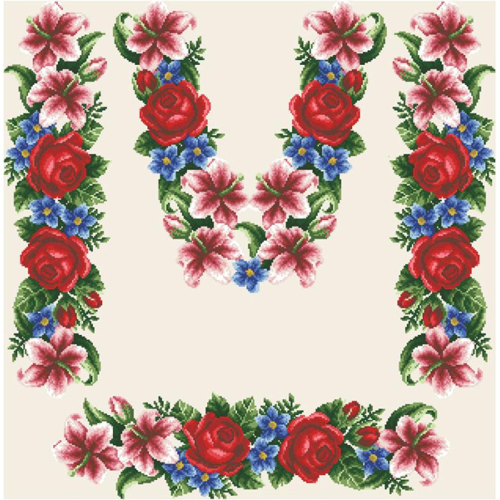 ПЛ055кМнннн Барвиста вишиванка Заготовка для вишивки - Сукня жіноча Лілеї, троянди, незабудки р.42-54 атлас, бежевий