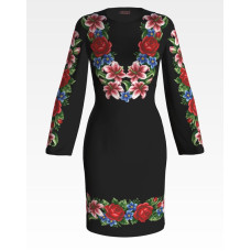 ПЛ055лЧнннн Барвиста вишиванка Заготовка для вишивки - Сукня жіноча Лілеї, троянди, незабудки р.42-54 льон, чорний