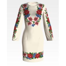 ПЛ055лМнннн Барвиста вишиванка Заготовка для вишивки - Сукня жіноча Лілеї, троянди, незабудки р.42-54 льон, бежевий