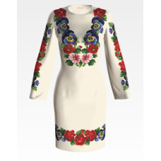 ПЛ056лМнннн Барвиста вишиванка Заготовка для вишивки - Сукня жіноча Троянди, братки, мальви р.42-54 льон, бежевий