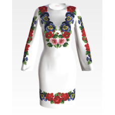 ПЛ056пБнннн Барвиста вишиванка Заготовка для вишивки - Сукня жіноча Троянди, братки, мальви р.42-54 габардин, білий