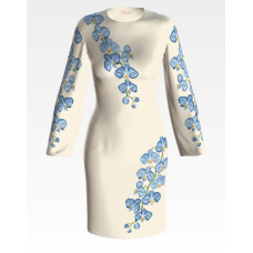 ПЛ085кМнннн Барвиста вишиванка Заготовка для вишивки - Сукня жіноча Блакитні орхідеї р.42-54 атлас, бежевий