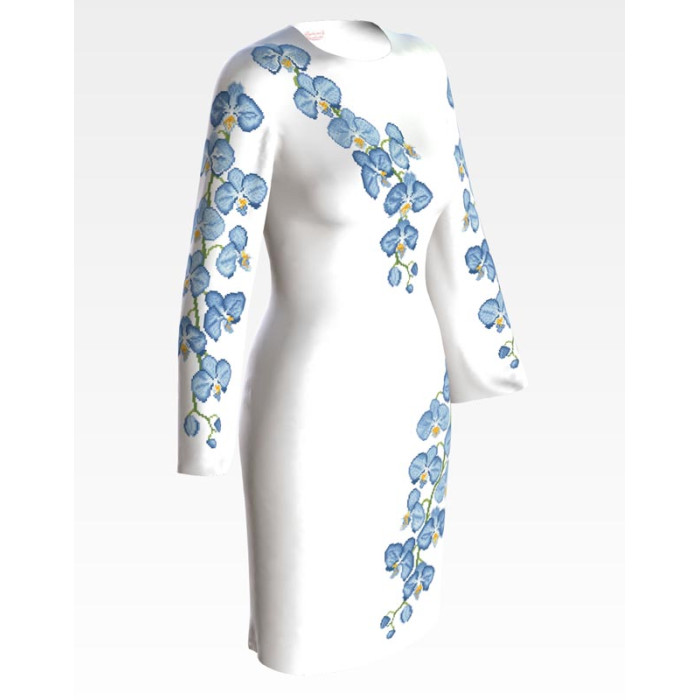 ПЛ085лБнннн Барвиста вишиванка Заготовка для вишивки - Сукня жіноча Блакитні орхідеї р.42-54 льон, білий