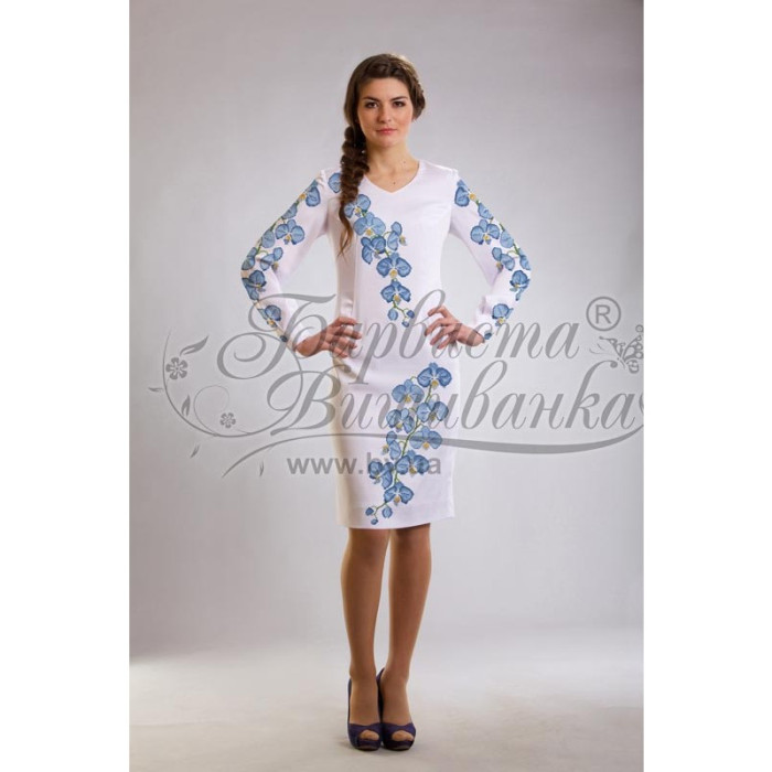 ПЛ085лБнннн Барвиста вишиванка Заготовка для вишивки - Сукня жіноча Блакитні орхідеї р.42-54 льон, білий