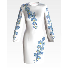 ПЛ085пБнннн Барвиста вишиванка Заготовка для вишивки - Сукня жіноча Блакитні орхідеї р.42-54 габардин, білий