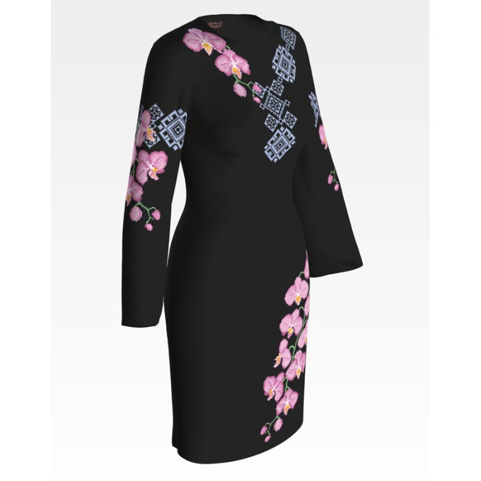 ПЛ087лЧнннн Барвиста вишиванка Заготовка для вишивки - Сукня жіноча Ніжні орхідеї р.42-54 льон, чорний