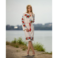 ПЛ102дМнннн Барвиста вишиванка Заготовка для вишивки - Сукня жіноча Маки, ромашки, незабудки р.42-54 домоткане полотно, бежевий