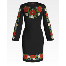 ПЛ102лЧнннн Барвиста вишиванка Заготовка для вишивки - Сукня жіноча Маки, ромашки, незабудки р.42-54 льон, чорний