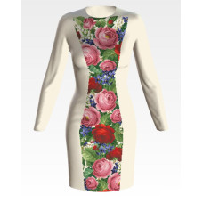 ПЛ173дМнннн Барвиста вишиванка Заготовка для вишивки - Сукня жіноча Розкішні троянди, фіалки, конвалії р.42-54 домоткане полотно, бежевий