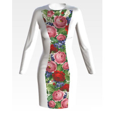 ПЛ173пБнннн Барвиста вишиванка Заготовка для вишивки - Сукня жіноча Розкішні троянди, фіалки, конвалії р.42-54 габардин, білий