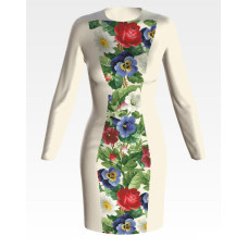 ПЛ174кМнннн Барвиста вишиванка Заготовка для вишивки - Сукня жіноча Троянди, братки, петунії, ромашки р.42-54 атлас, бежевий