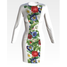 ПЛ174пБнннн Барвиста вишиванка Заготовка для вишивки - Сукня жіноча Троянди, братки, петунії, ромашки р.42-54 габардин, білий