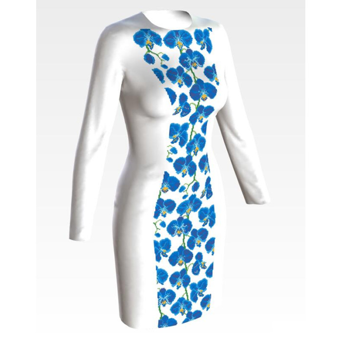 ПЛ183дБнннн Барвиста вишиванка Заготовка для вишивки - Сукня жіноча Сині орхідеї р.42-54 домоткане полотно, білий