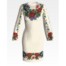 ПЛ351кМнннн Барвиста вишиванка Заготовка для вишивки - Сукня жіноча Мальви, троянди, братки р.42-54 атлас, бежевий