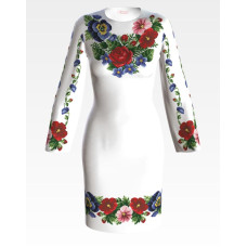 ПЛ351лБнннн Барвиста вишиванка Заготовка для вишивки - Сукня жіноча Мальви, троянди, братки р.42-54 льон, білий