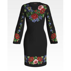 ПЛ351лЧнннн Барвиста вишиванка Заготовка для вишивки - Сукня жіноча Мальви, троянди, братки р.42-54 льон, чорний