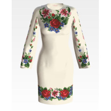 ПЛ361лМнннн Барвиста вишиванка Заготовка для вишивки - Сукня жіноча Лілеї, троянди, незабудки р.42-54 льон, бежевий