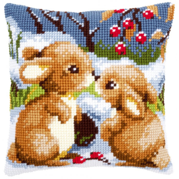 PN-0021832 Снігові кролики. Подушка. Vervaco. Набір для вишивки нитками хрестиком по малюнку на тканині
