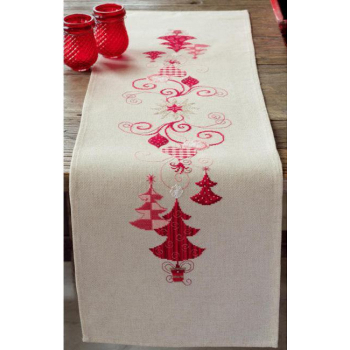 PN-0144712 Червоні різдвяні прикраси. Доріжка на стіл. Набір для вишивки нитками. Vervaco