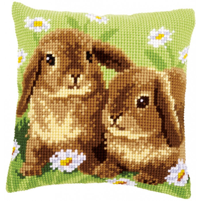 PN-0162709 Two Rabbits Два кролика. Подушка. Vervaco. Набір для вишивки нитками хрестиком по малюнку на тканині