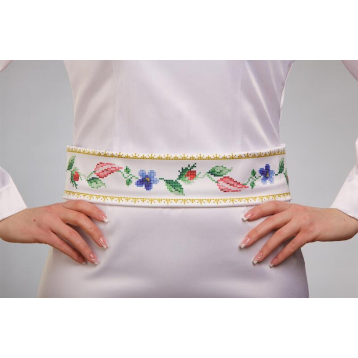 ПС036кБнннн Пояс жіночий, атлас-коттон, білий. Барвиста вишиванка. Заготовка для вишивки бісером