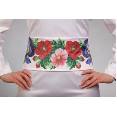 ПС351пБнннн Барвиста вишиванка Заготовка для вишивки - Пояс жіночий Мальви, троянди, братки р.42-54 габардин, білий