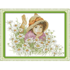 R492JS Дівчинка та ромашки, 53х41 см. Joy Sunday. Набір для вишивки хрестиком на канві з нанесеним малюнком